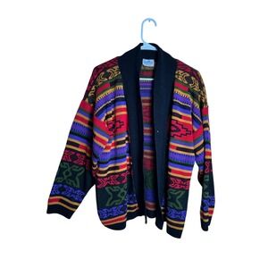 Vintage Multi Color Geometric Southwestern Aztec Shawl Cardigan Sweater USA